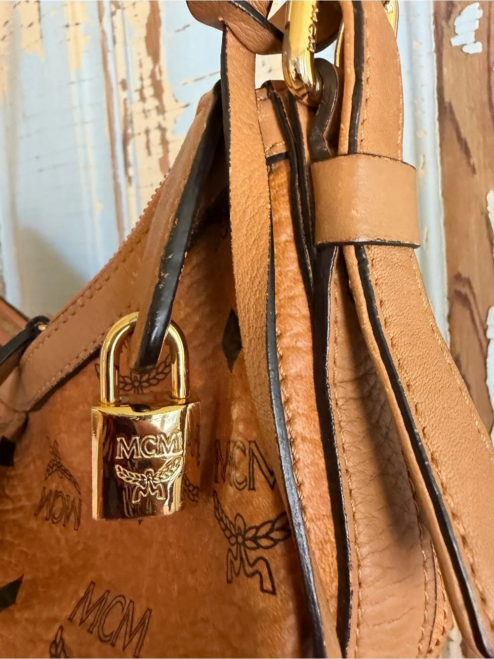 Authentic MCM Cognac Visetos Logo Hobo Shoulder Bag